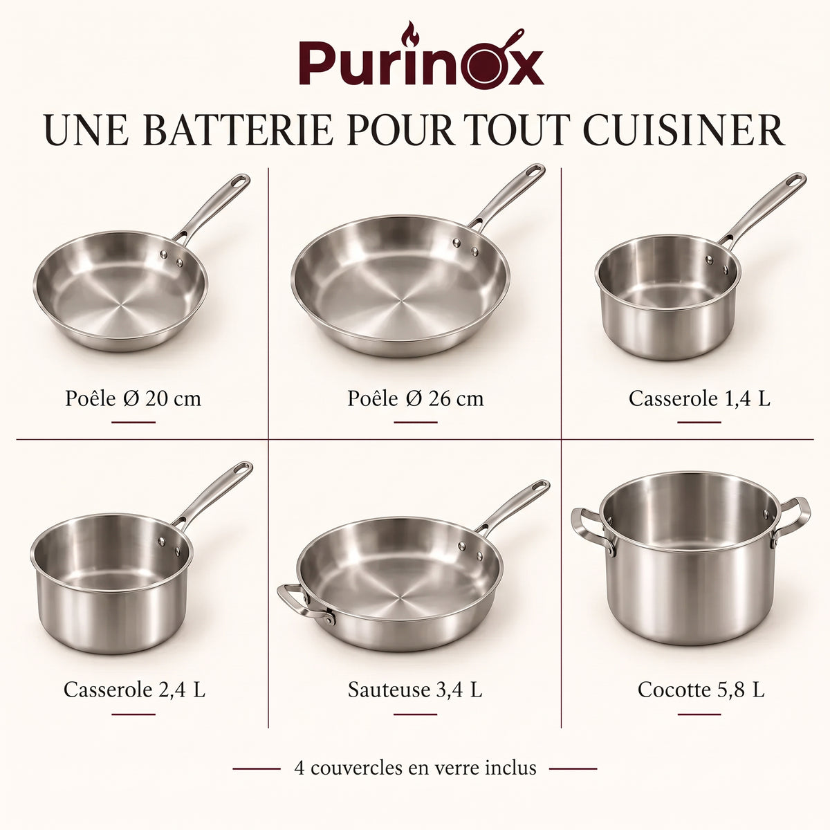 Batterie de cuisine 10 pièces | Acier inoxydable 18/10